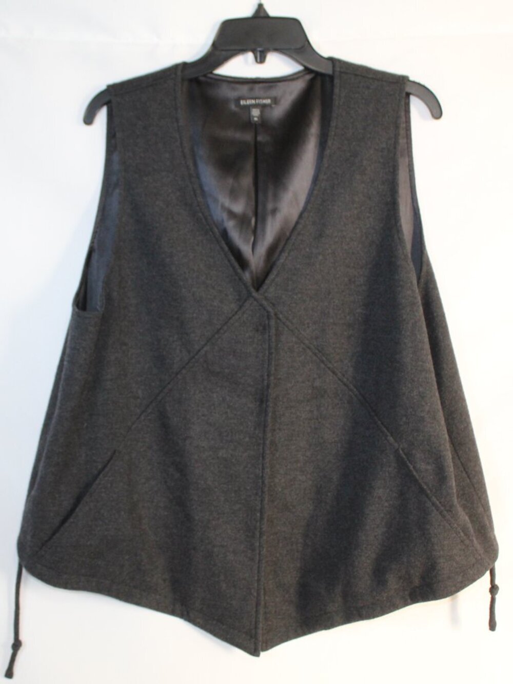 Eileen Fisher womens gray wool vest size XL silk lined adjustable waist buttoned